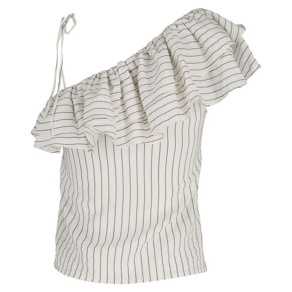 Ganni Wilkie Ruffled Striped Blouse in White Cotton and Silk - Picture 3 of 3